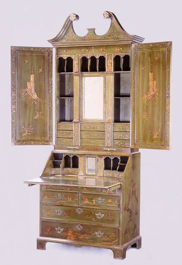 Picture of QUEEN ANNE STYLE GREEN LACQUER BUREAU BOOKCASE
