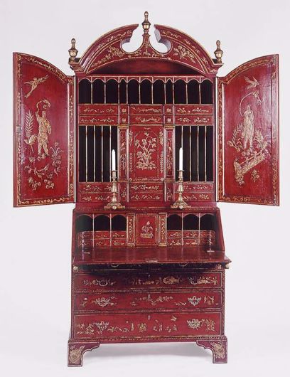 Picture of GEORGE II STYLE RED & GOLD LACQUERED BUREAU BOOKCASE