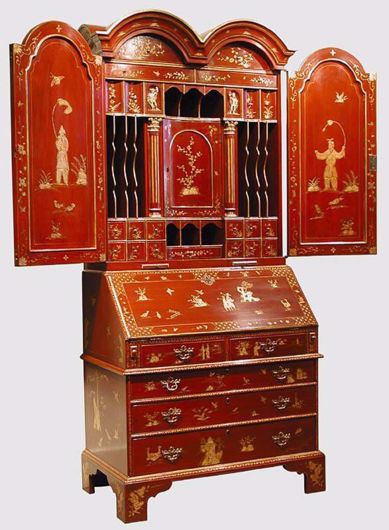Picture of GEORGE I STYLE RED AND GOLD LACQUERED BUREAU BOOKCASE
